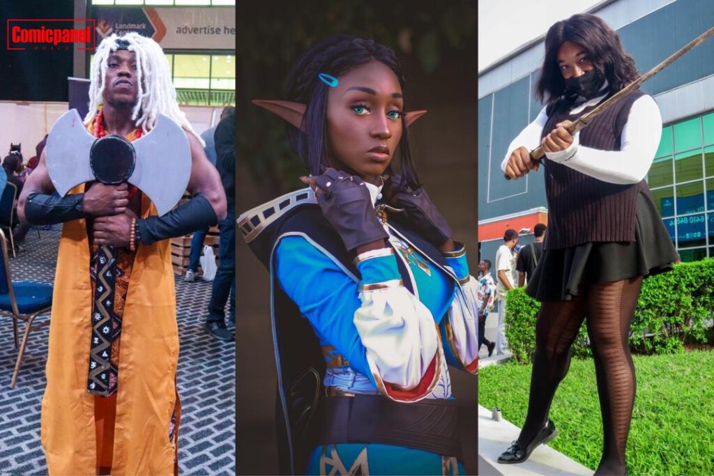 African cosplayers posing in elaborate anime and superhero costumes at a pop culture convention, showcasing creativity, performance, and cultural identity.